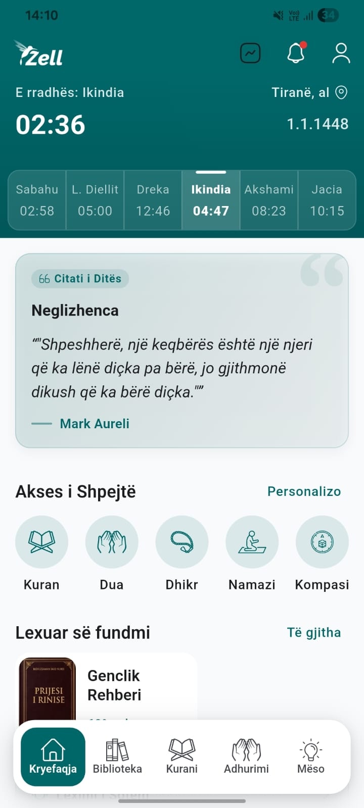 Kryefaqja e aplikacionit Zell me kohët e namazit
